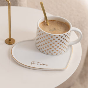 Tasse + Sous-Tasse + Cuillere Coeur Ceramique Blanc/Or