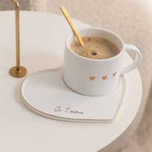 Tasse + Sous-Tasse + Cuillere 3coeur Ceramique Blanc/Or