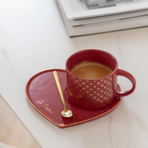 Tasse + Sous-Tasse + Cuillere Coeur Ceramique Rouge