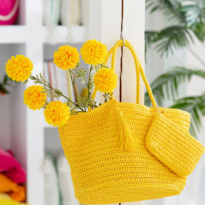 Sac De Plage+Pochette Papier Vert/Jaune Assortiment De 2