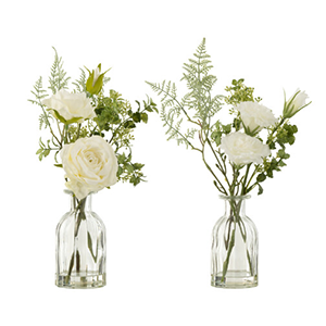 Bouquet Roses/Eustomes Dans Vase+Eau Artificielle Plastique Vert/Blanc Assortiment De 2 Large
