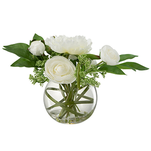 Renoncule Pivoine En Vase Boule Plastique Verre Blanc
