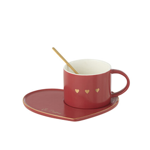 Tasse + Sous-Tasse + Cuillere 3coeur Ceramique Rouge